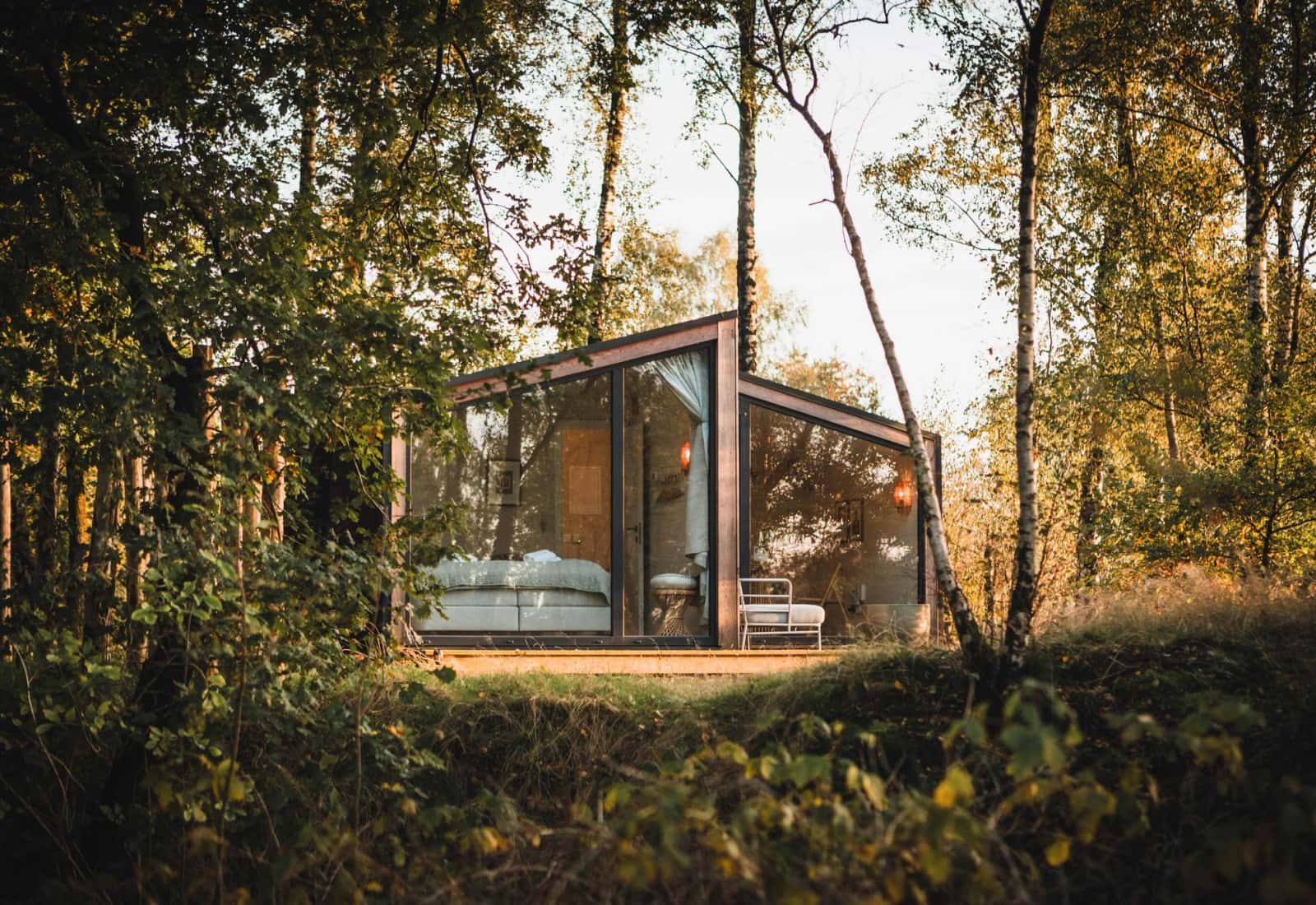 Cabaña de cristal en mitad del bosque al atardecer